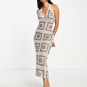 White and Brown Crochet Halter Dress